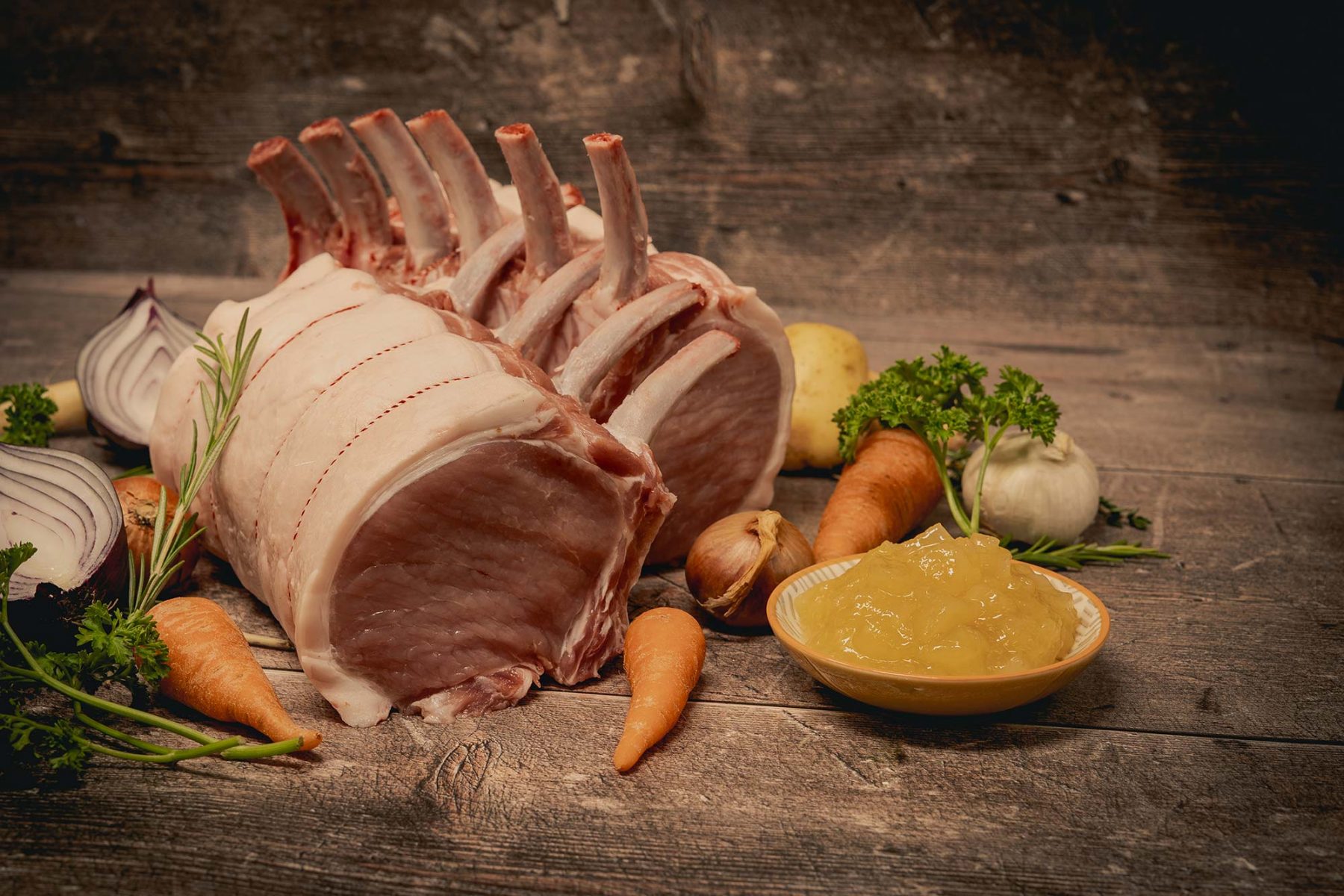 Outdoor Reared Yorkshire Pork Loin Rack French Trimmed Sykes House Farm